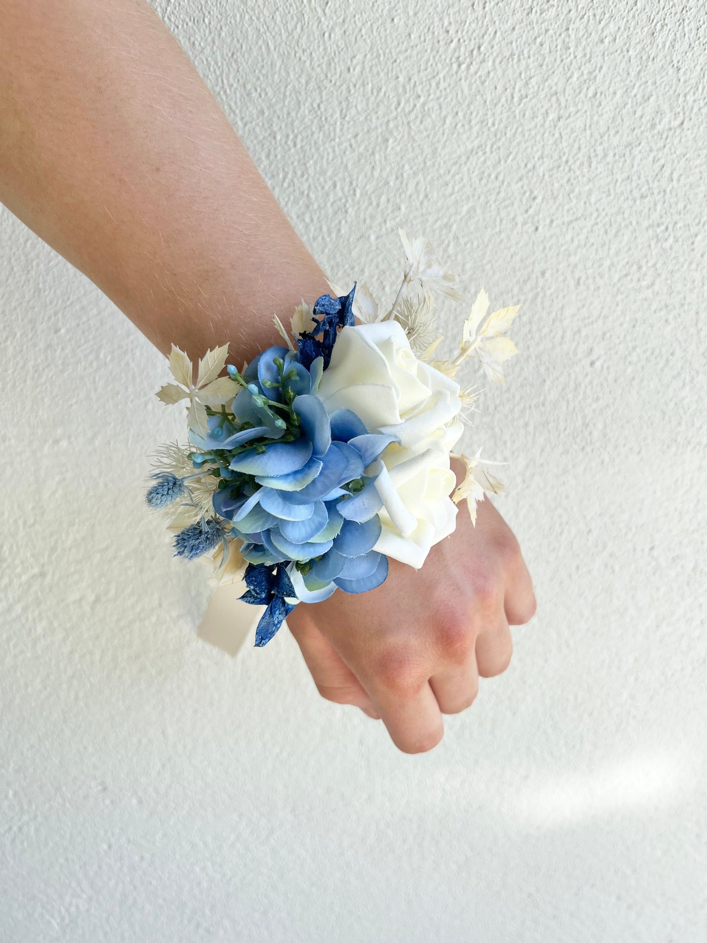 Corsage - Double Cream Rose & Blue Hydrangea with Foliage