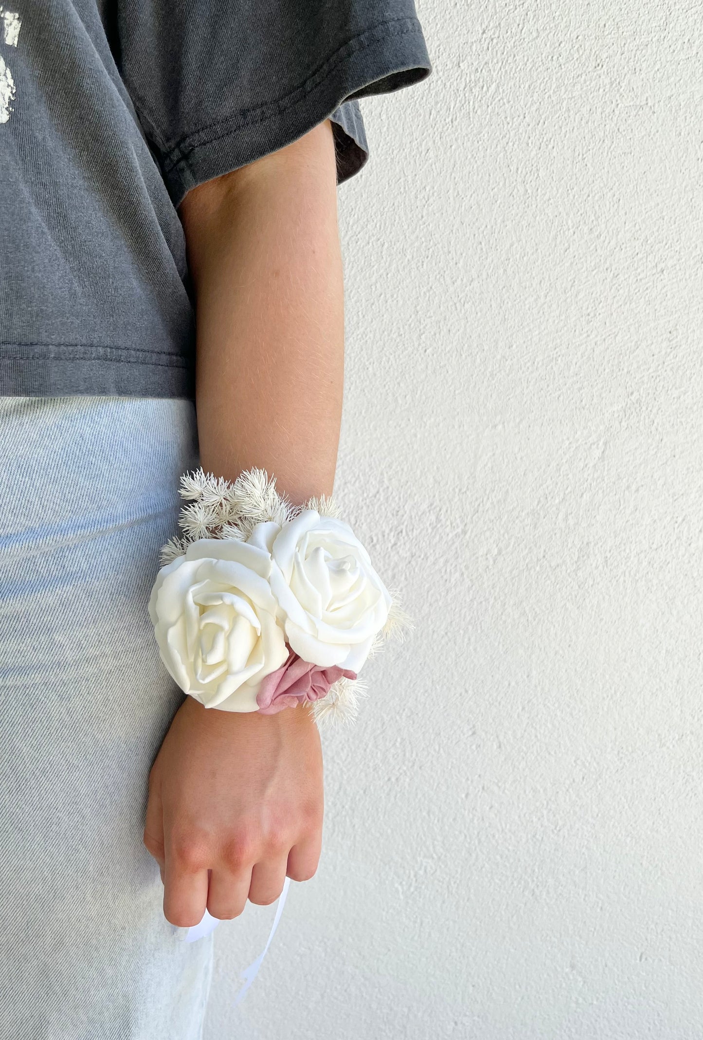 Corsage - Triple Cream & Mauve Rose with Cream Foliage