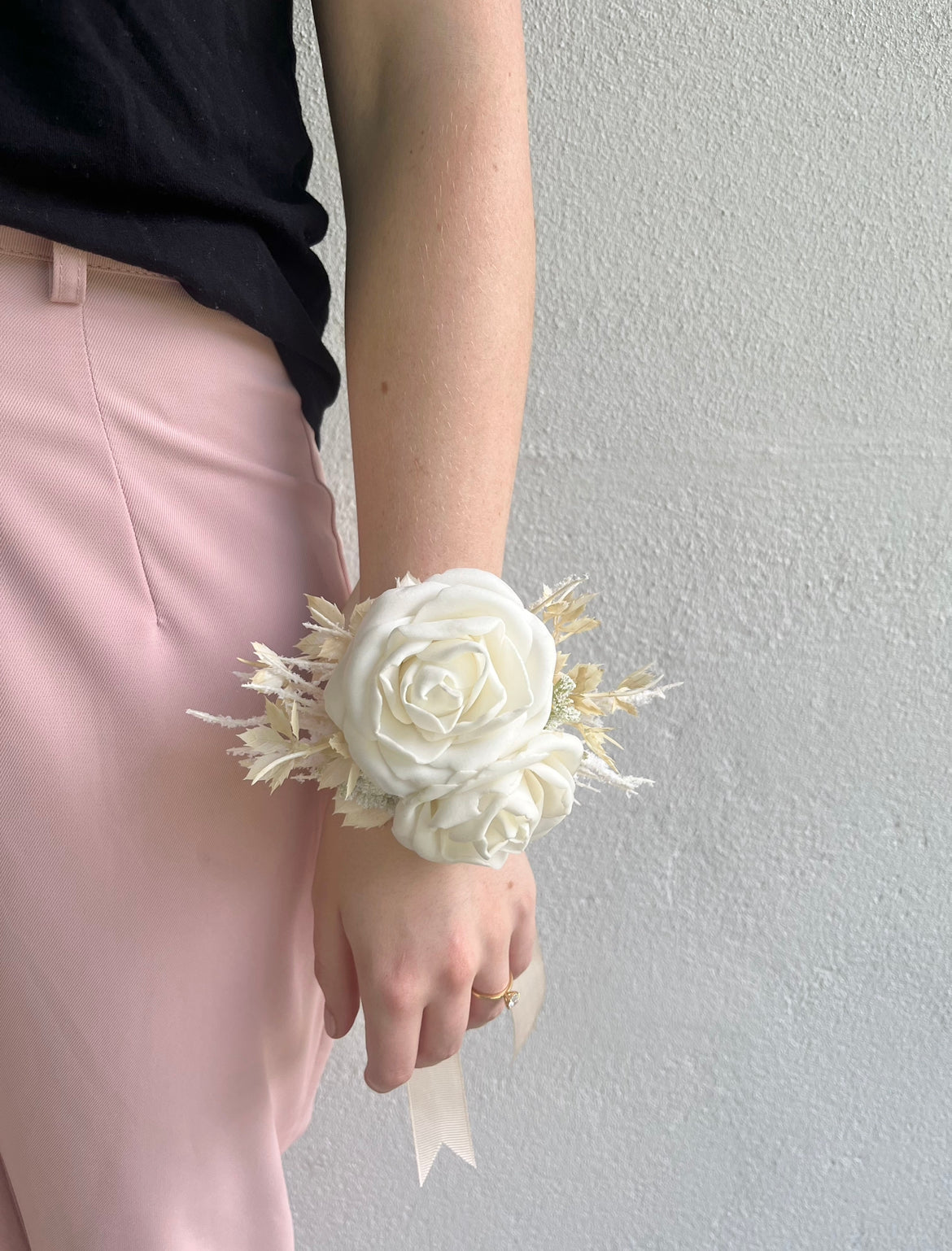 Corsage - Double Cream Rose with Cream Foliage