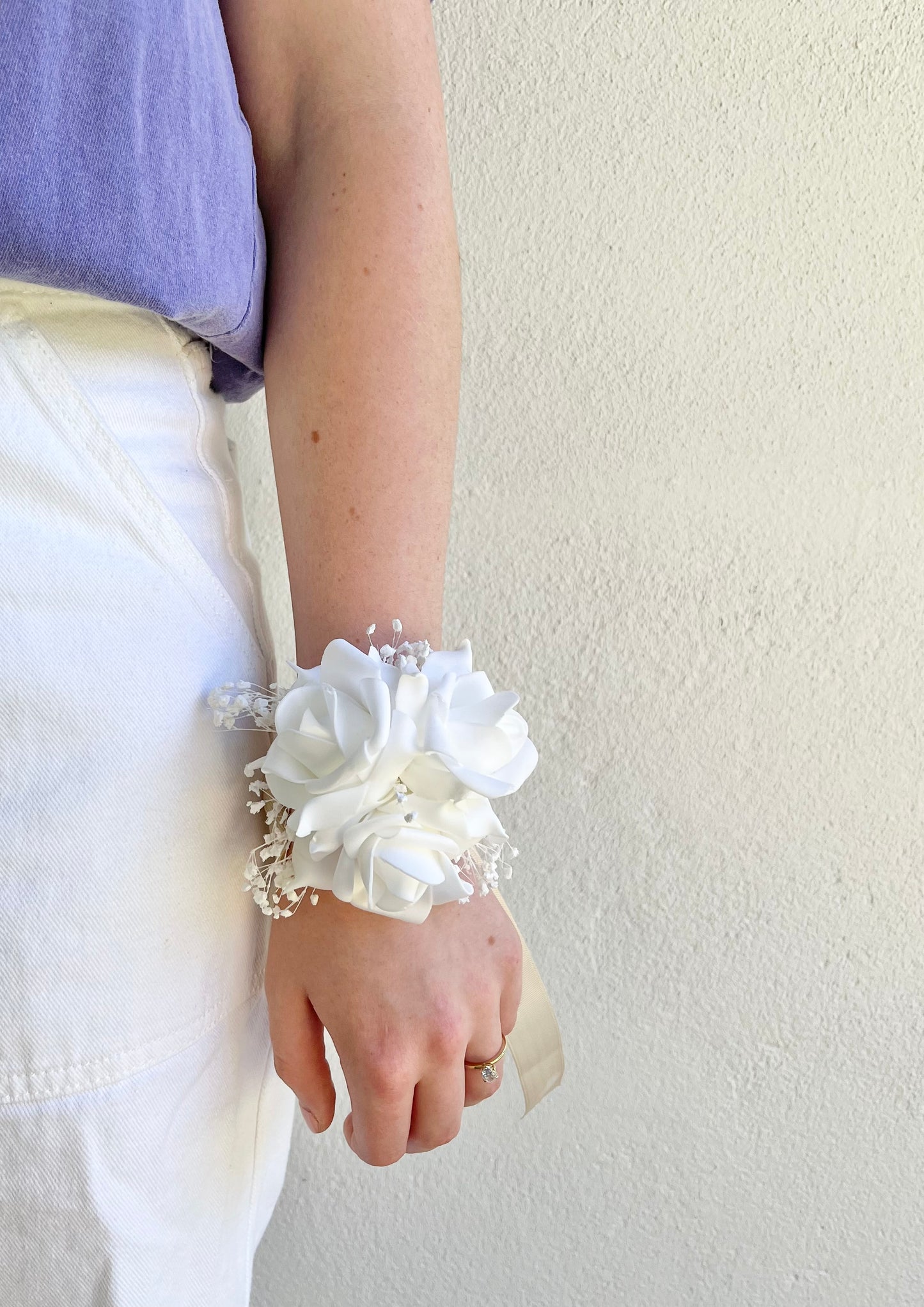 Corsage - Triple White Rose with Baby’s Breath
