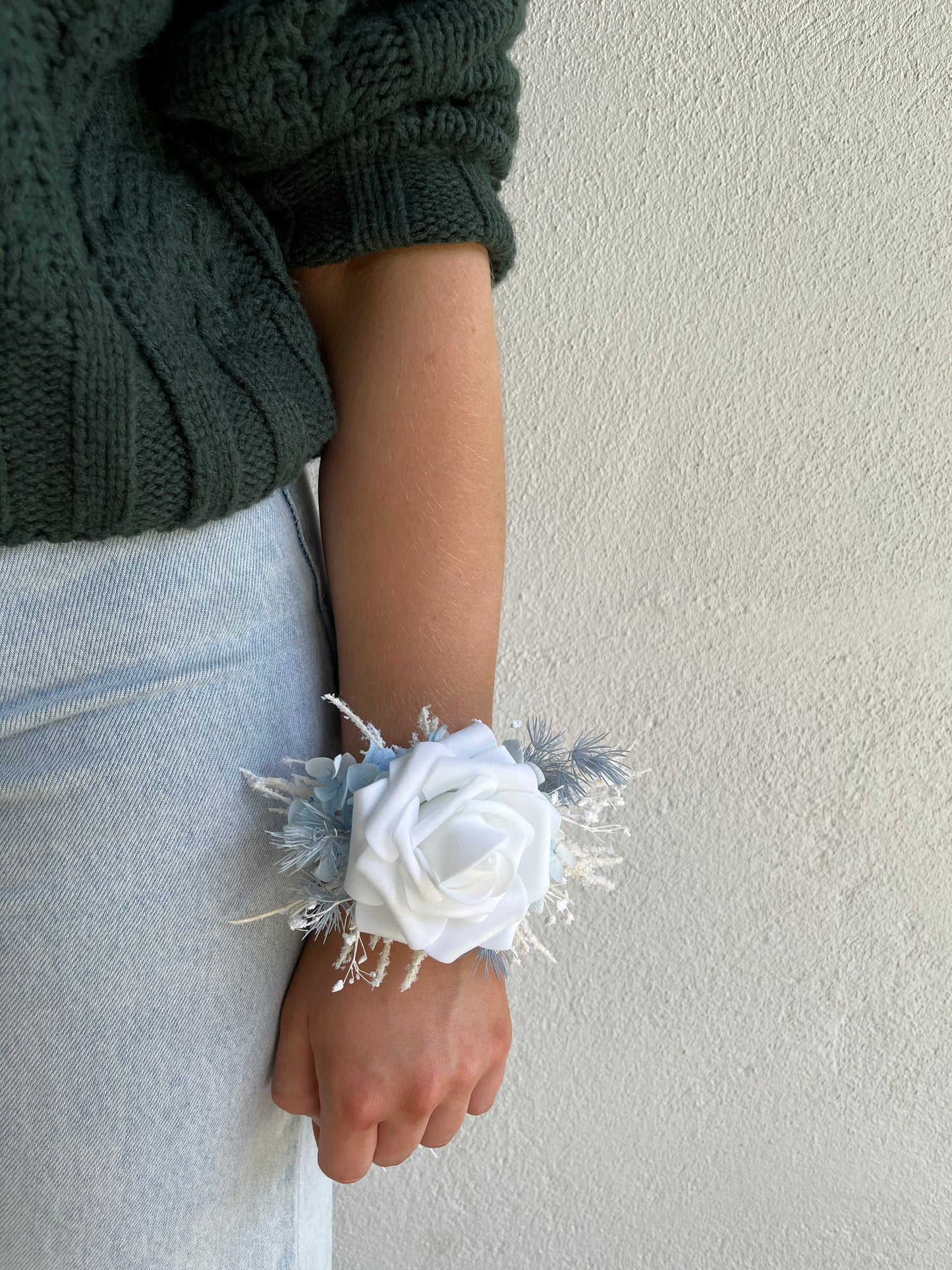 Corsage - Single White Rose with Baby Blue & White Foliage