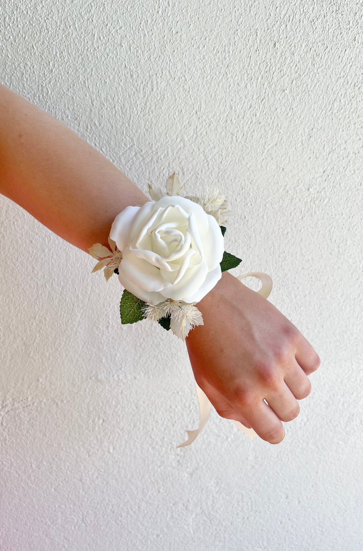 Corsage - Single White Rose on Greenery