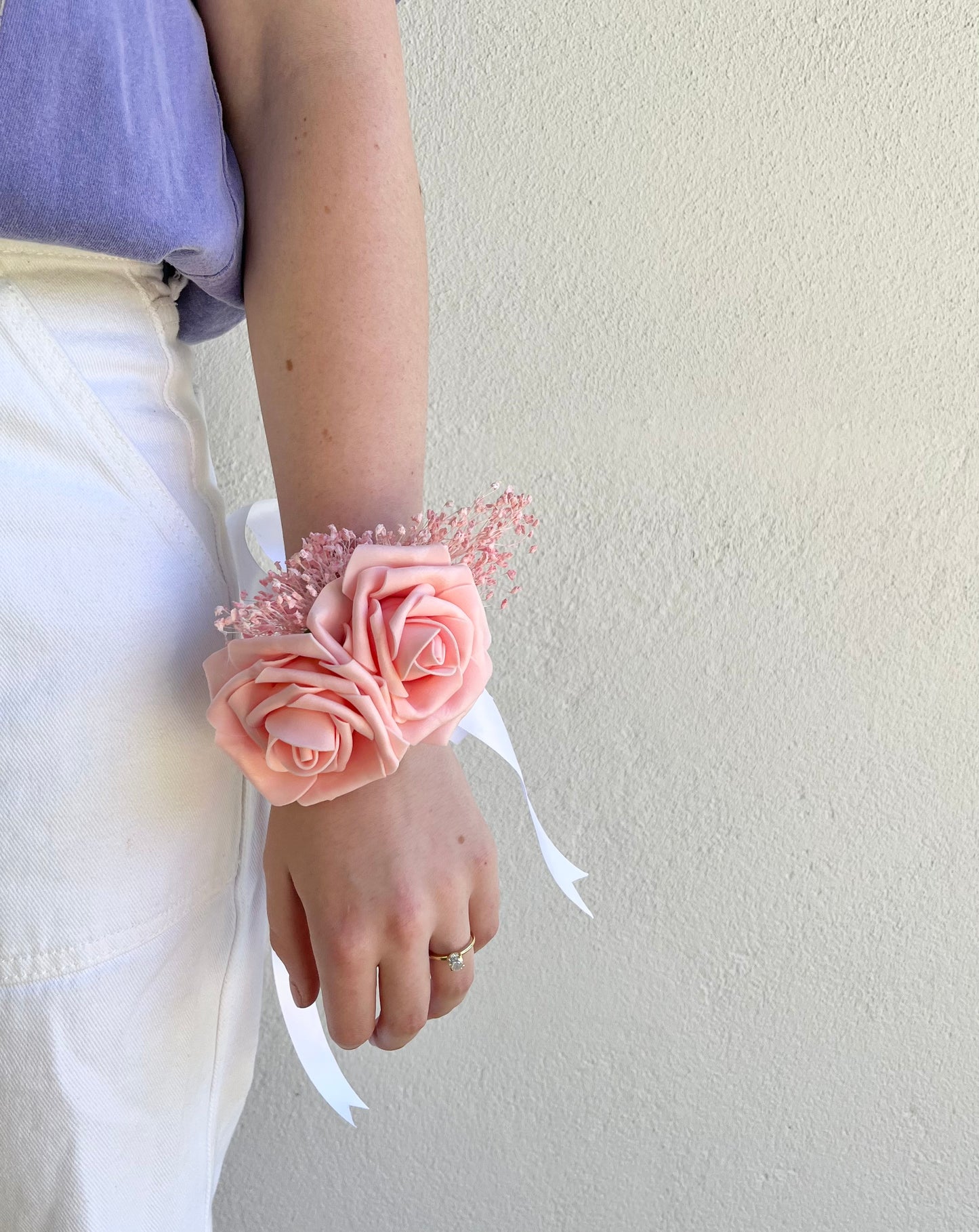 Corsage - Double Light Pink Rose with Baby's Breath