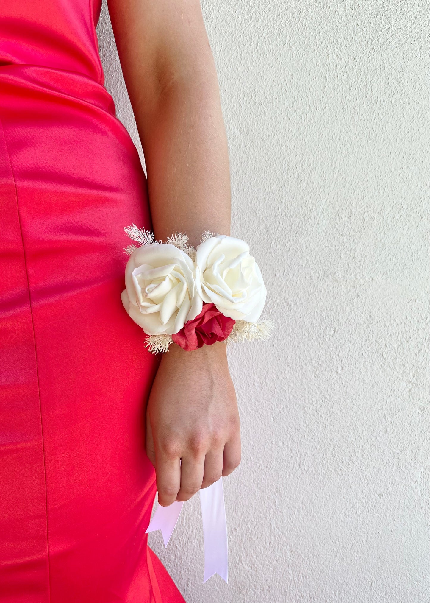Corsage - Triple Cream & Red Roses with Cream Foliage