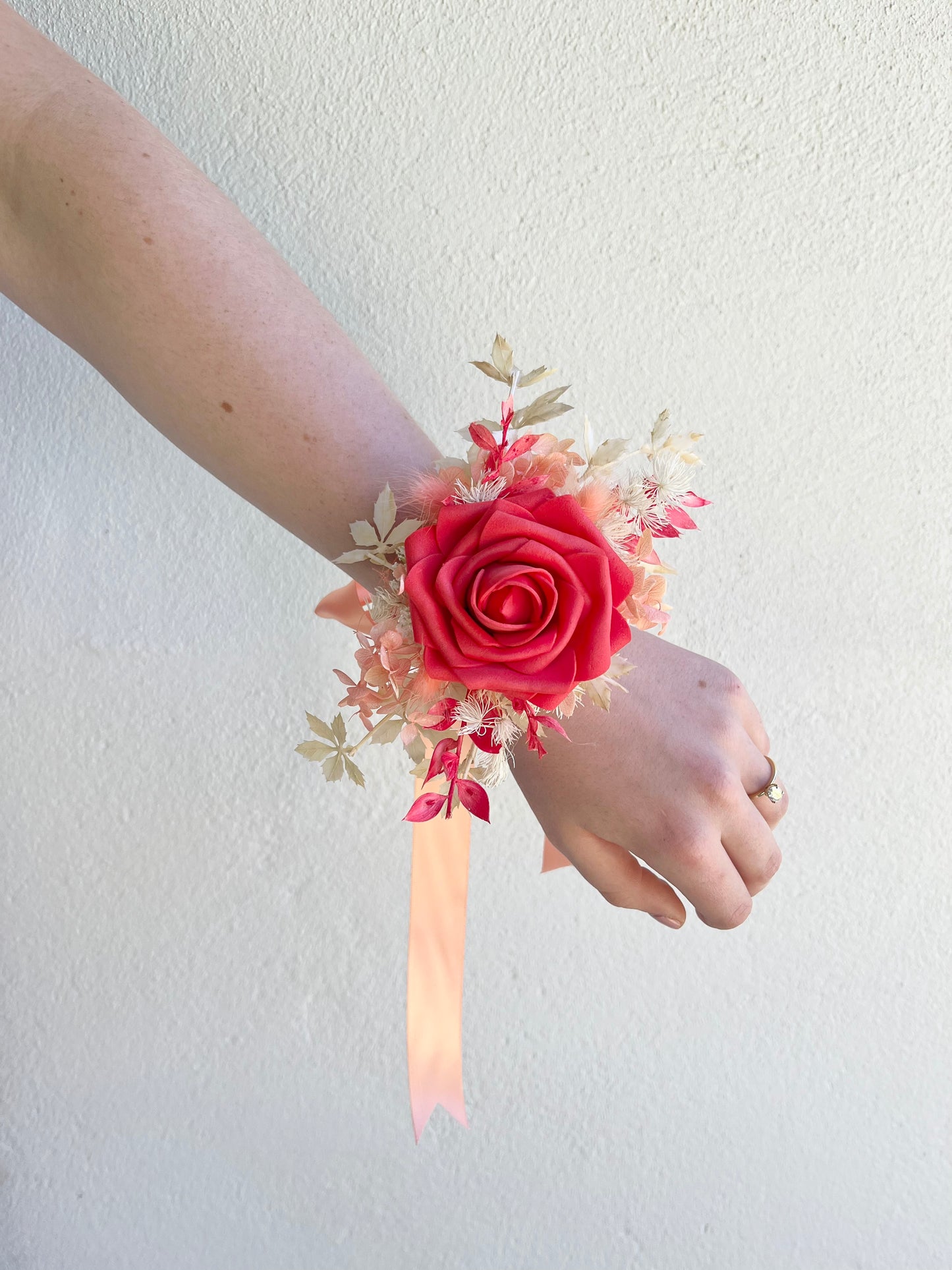 Corsage - Single Coral Rose on Preserved Foliage