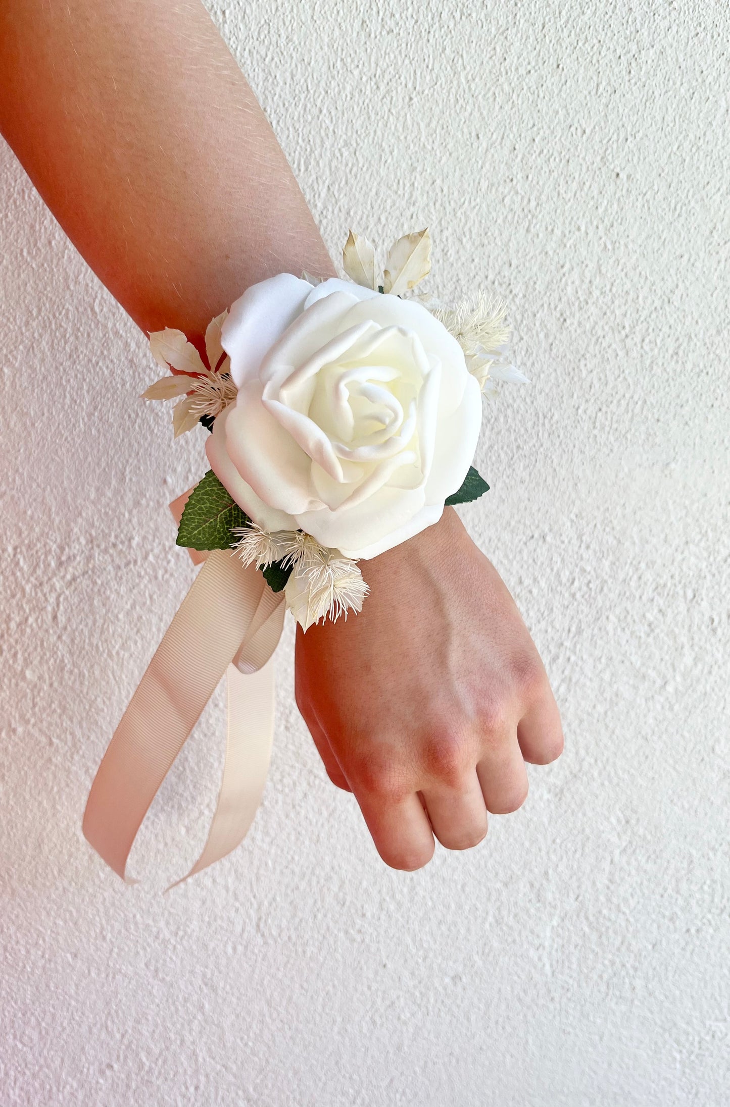 Corsage - Single White Rose on Greenery