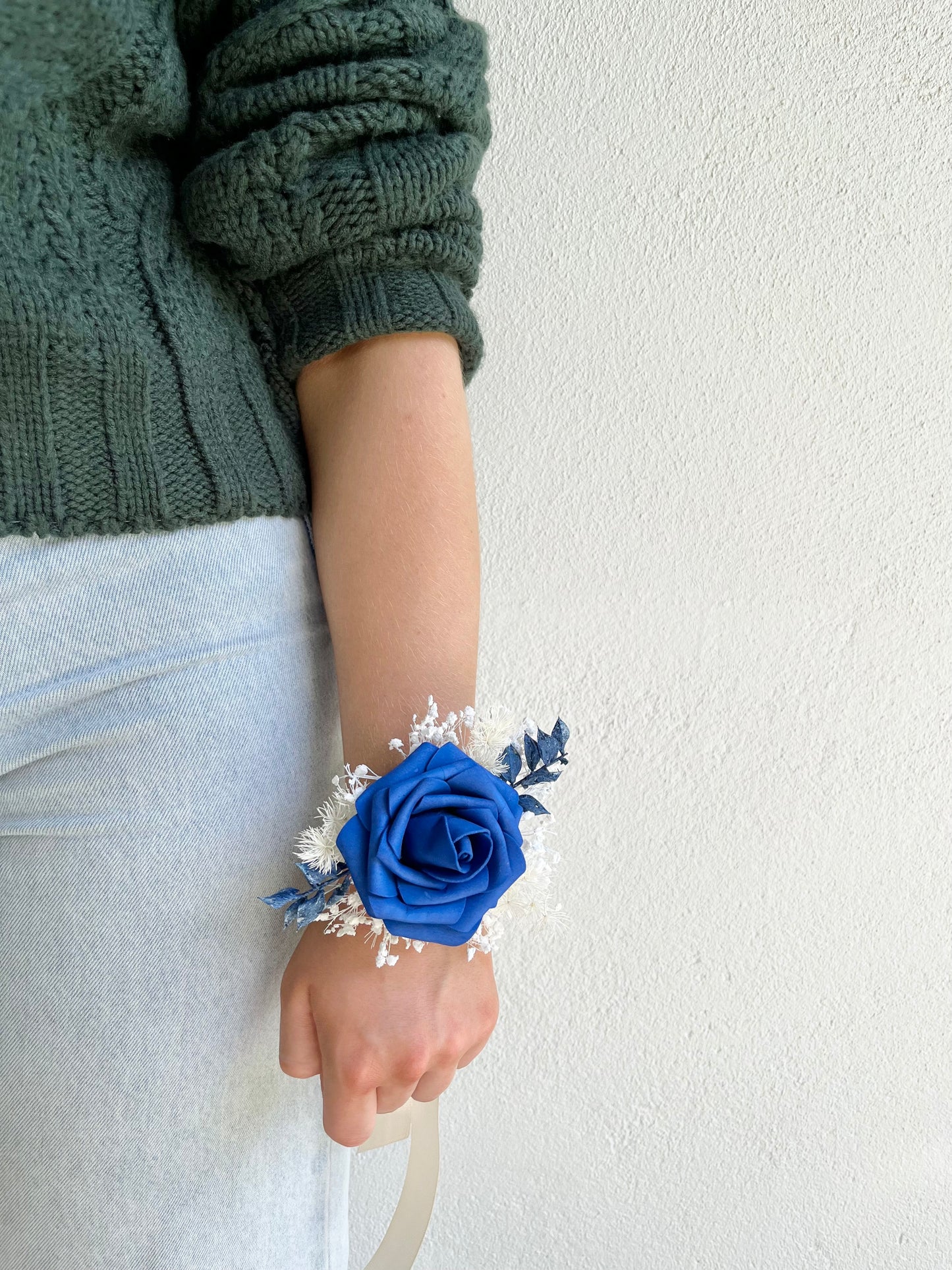 Corsage - Single Blue Rose on Preserved Foliage