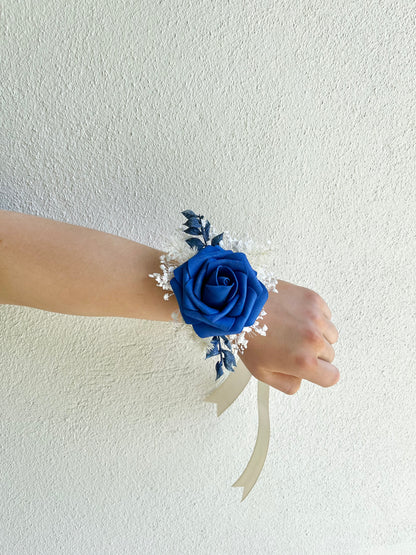 Corsage - Single Blue Rose on Preserved Foliage