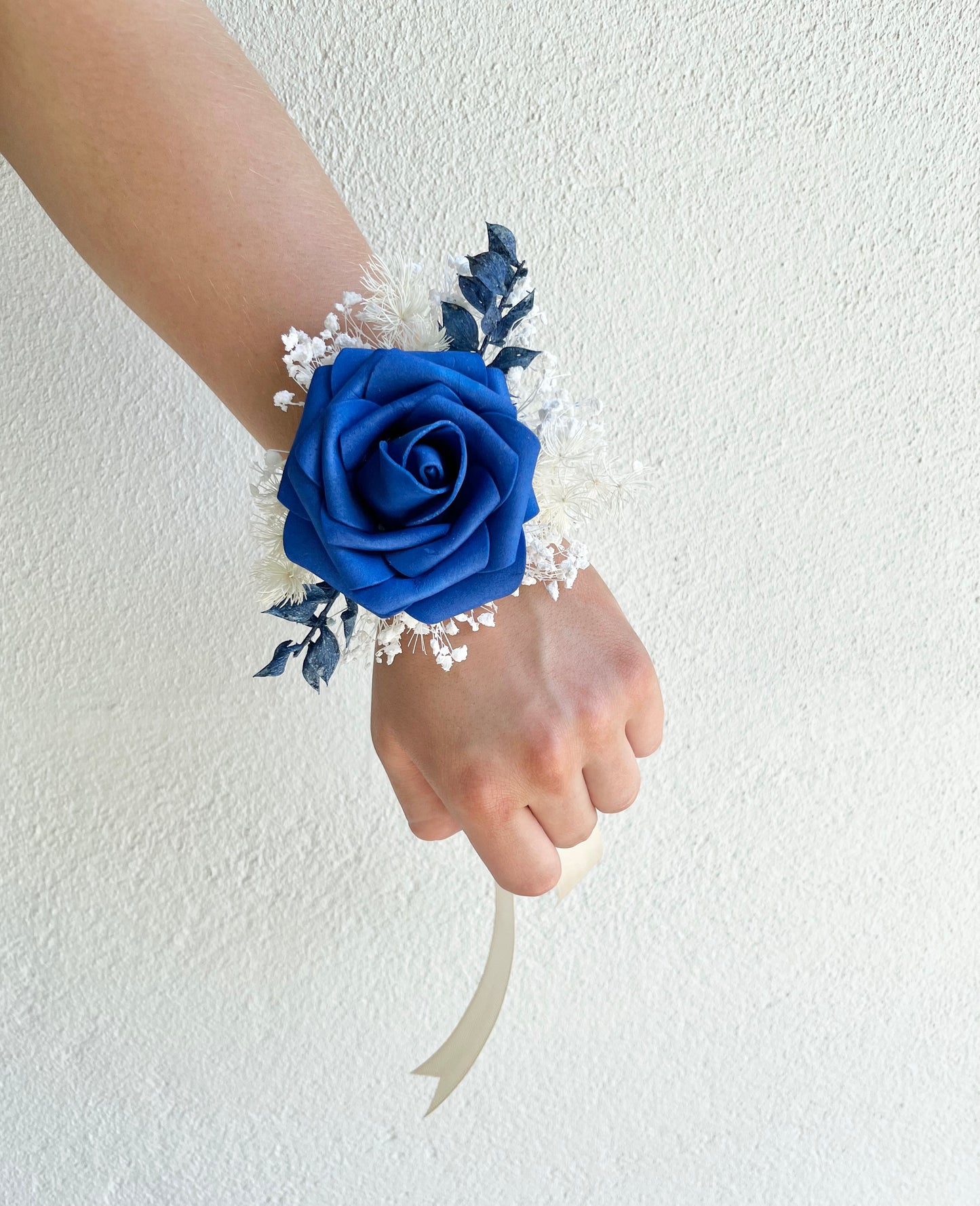 Corsage - Single Blue Rose on Preserved Foliage