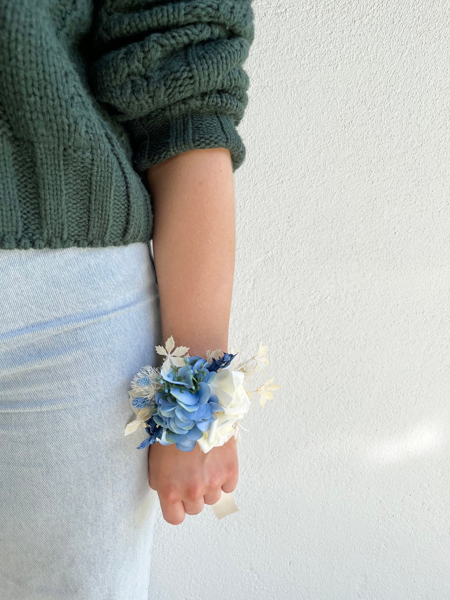 Corsage - Double Cream Rose & Blue Hydrangea with Foliage