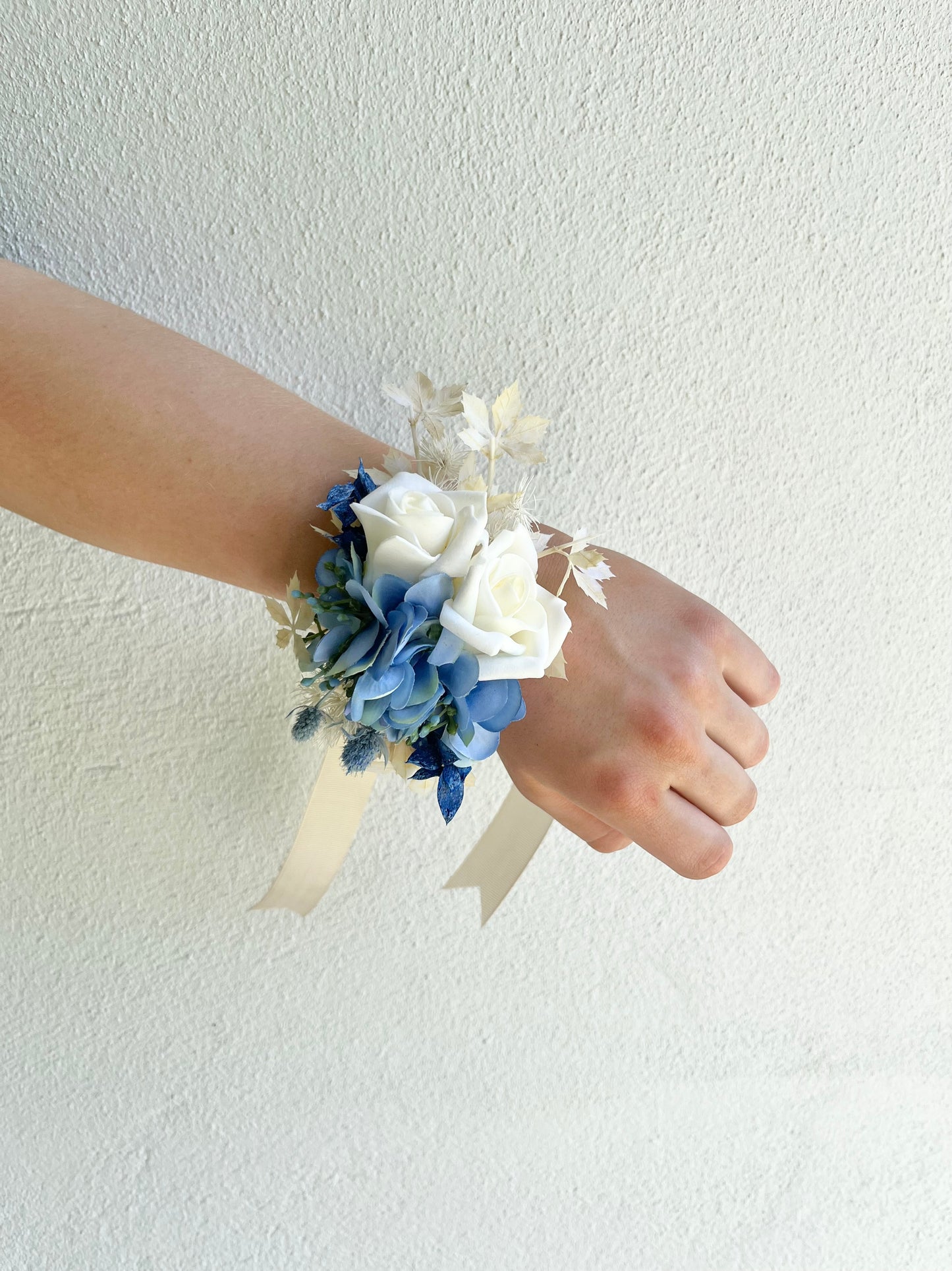 Corsage - Double Cream Rose & Blue Hydrangea with Foliage