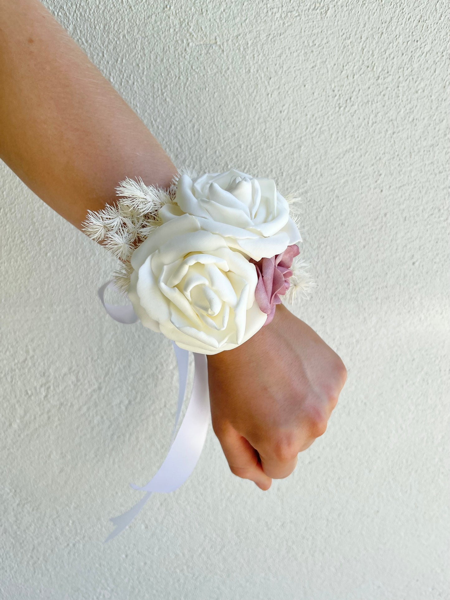 Corsage - Triple Cream & Mauve Rose with Cream Foliage