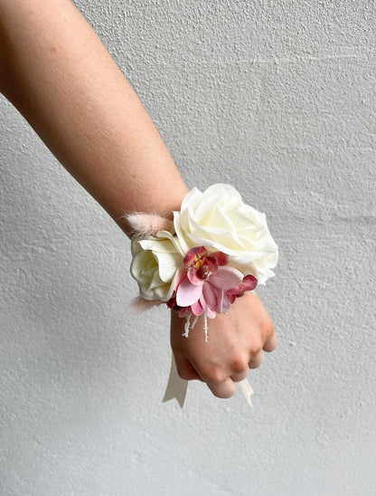 Corsage - Double White Rose with Pink Orchids