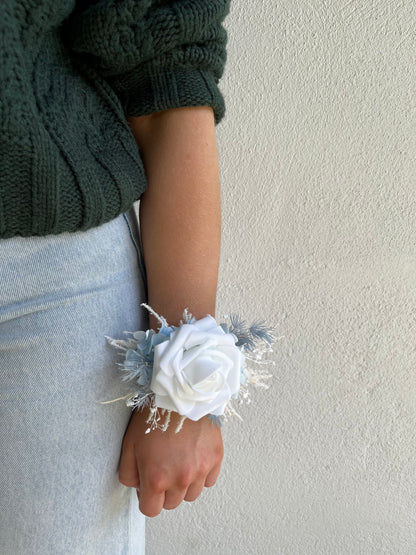 Corsage - Single White Rose with Baby Blue & White Foliage