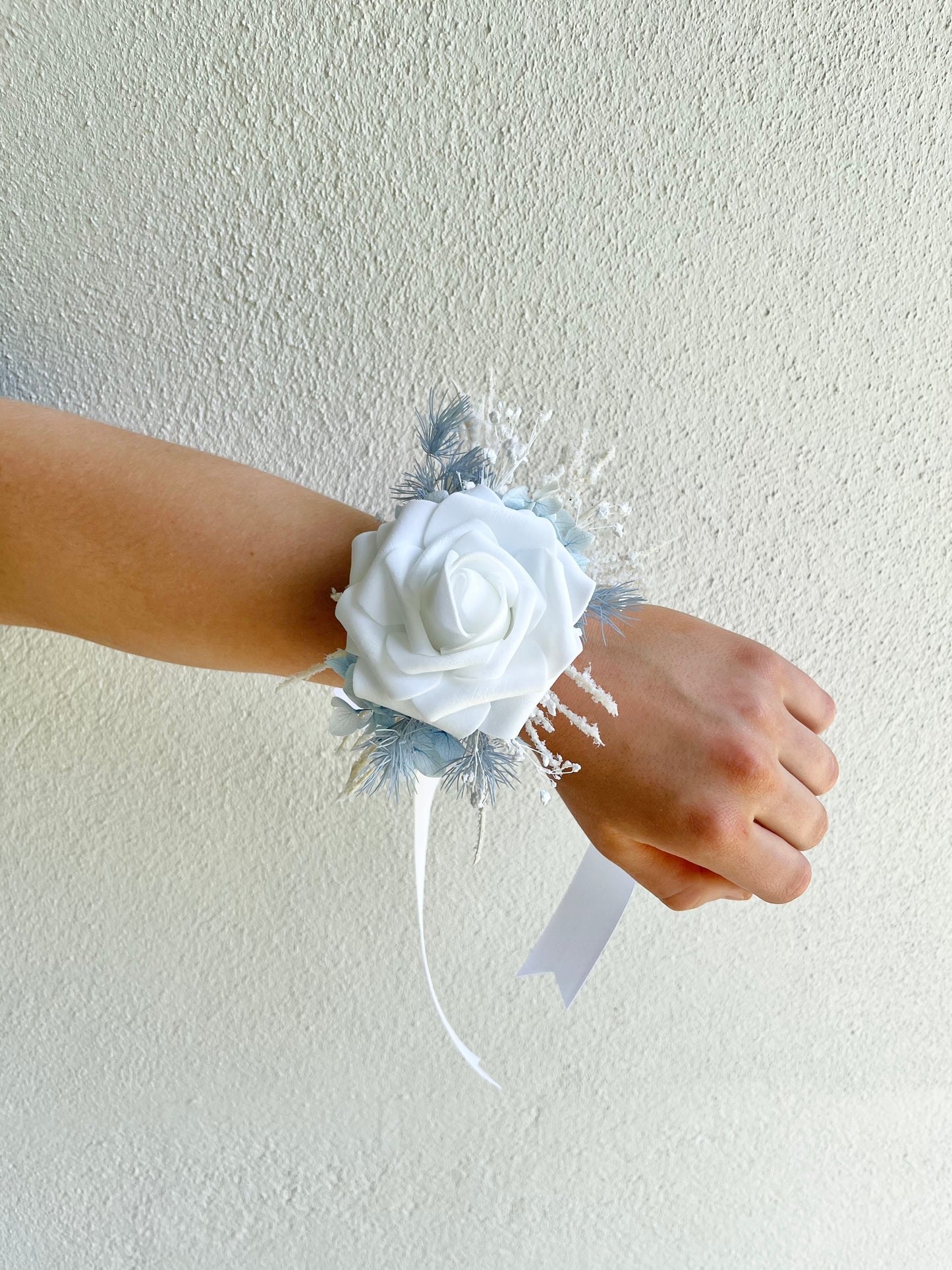 Corsage - Single White Rose with Baby Blue & White Foliage