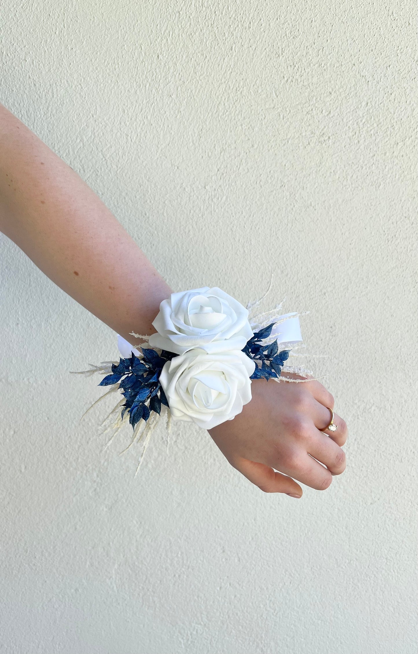 Corsage - Double White Rose with Blue Foliage