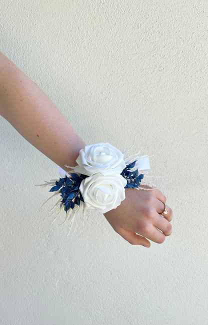 Corsage - Double White Rose with Blue Foliage