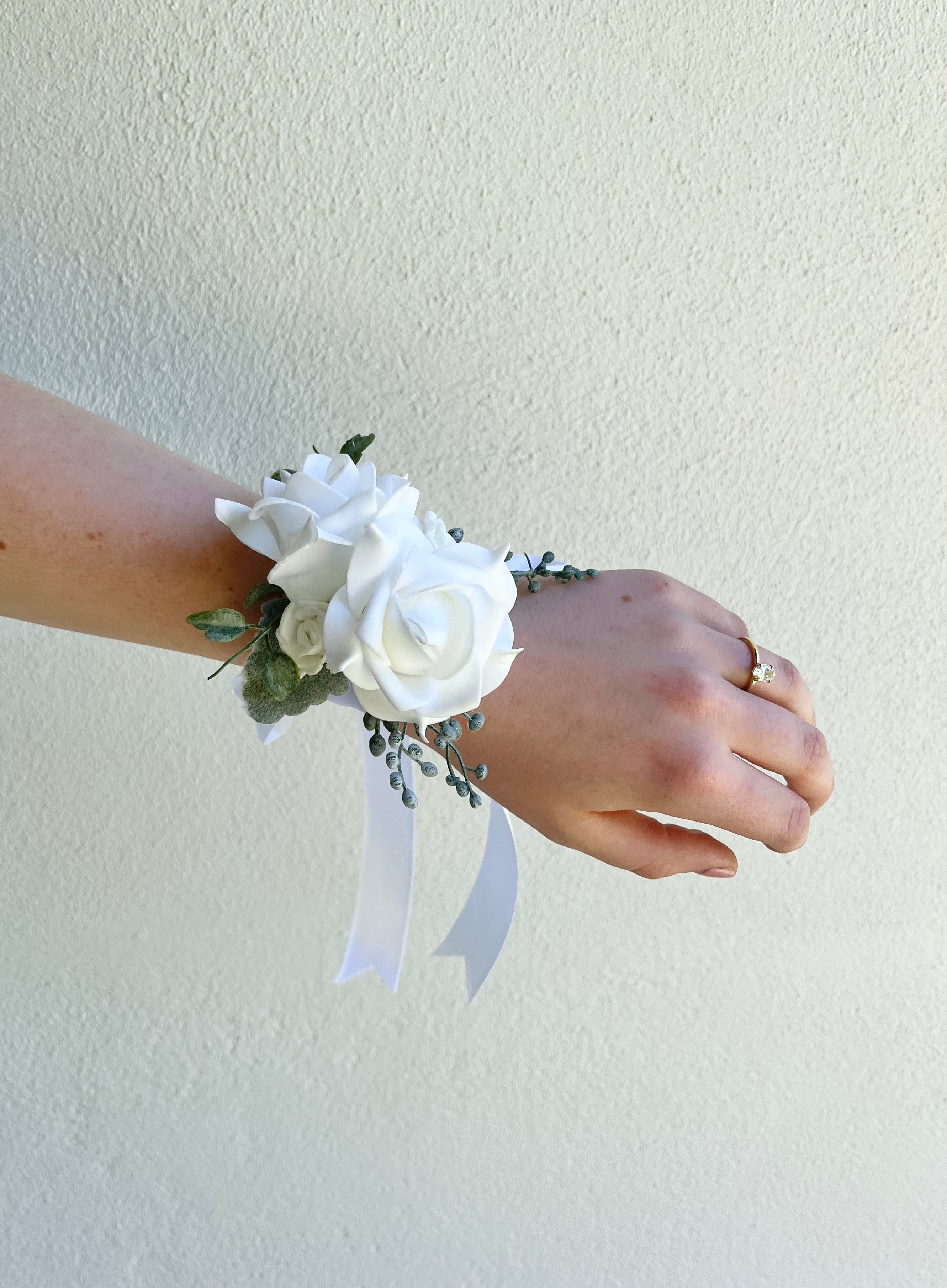 Corsage - Double White Rose with Greenery – Blossom & Willow