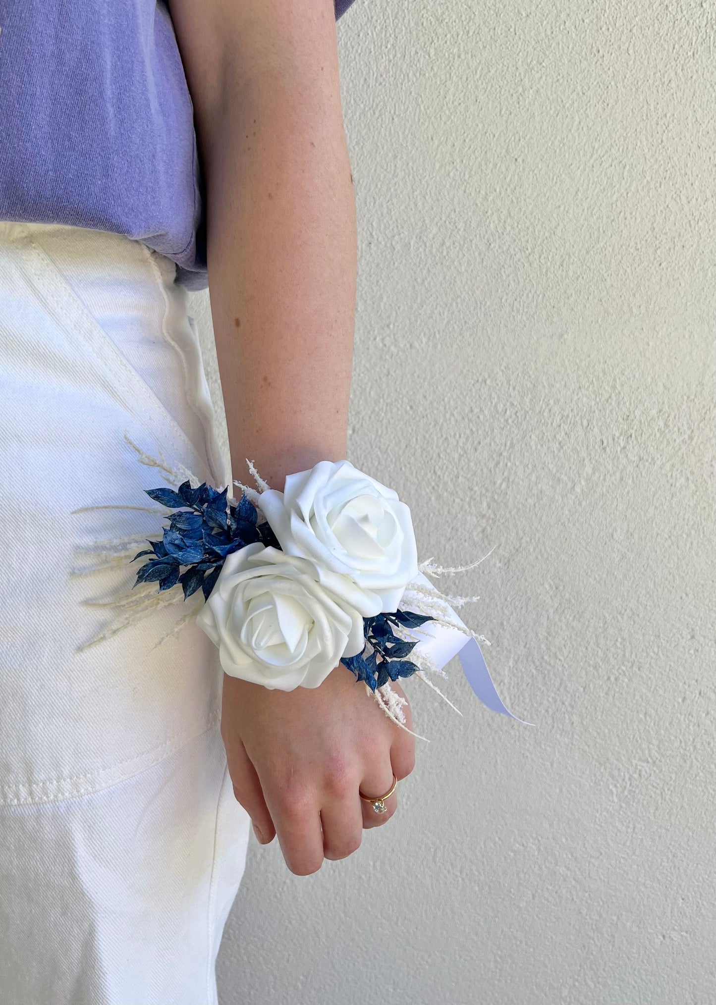 Corsage - Double White Rose with Blue Foliage