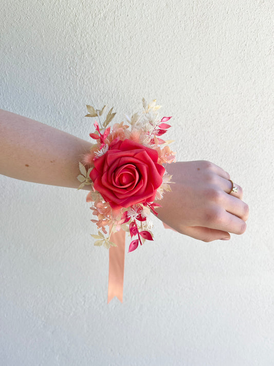 Corsage - Single Coral Rose on Preserved Foliage