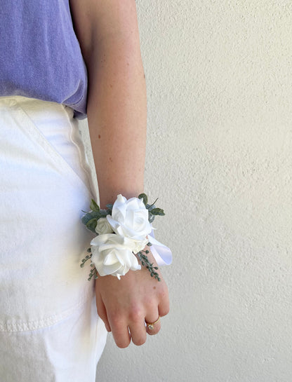 Corsage - Double White Rose with Greenery