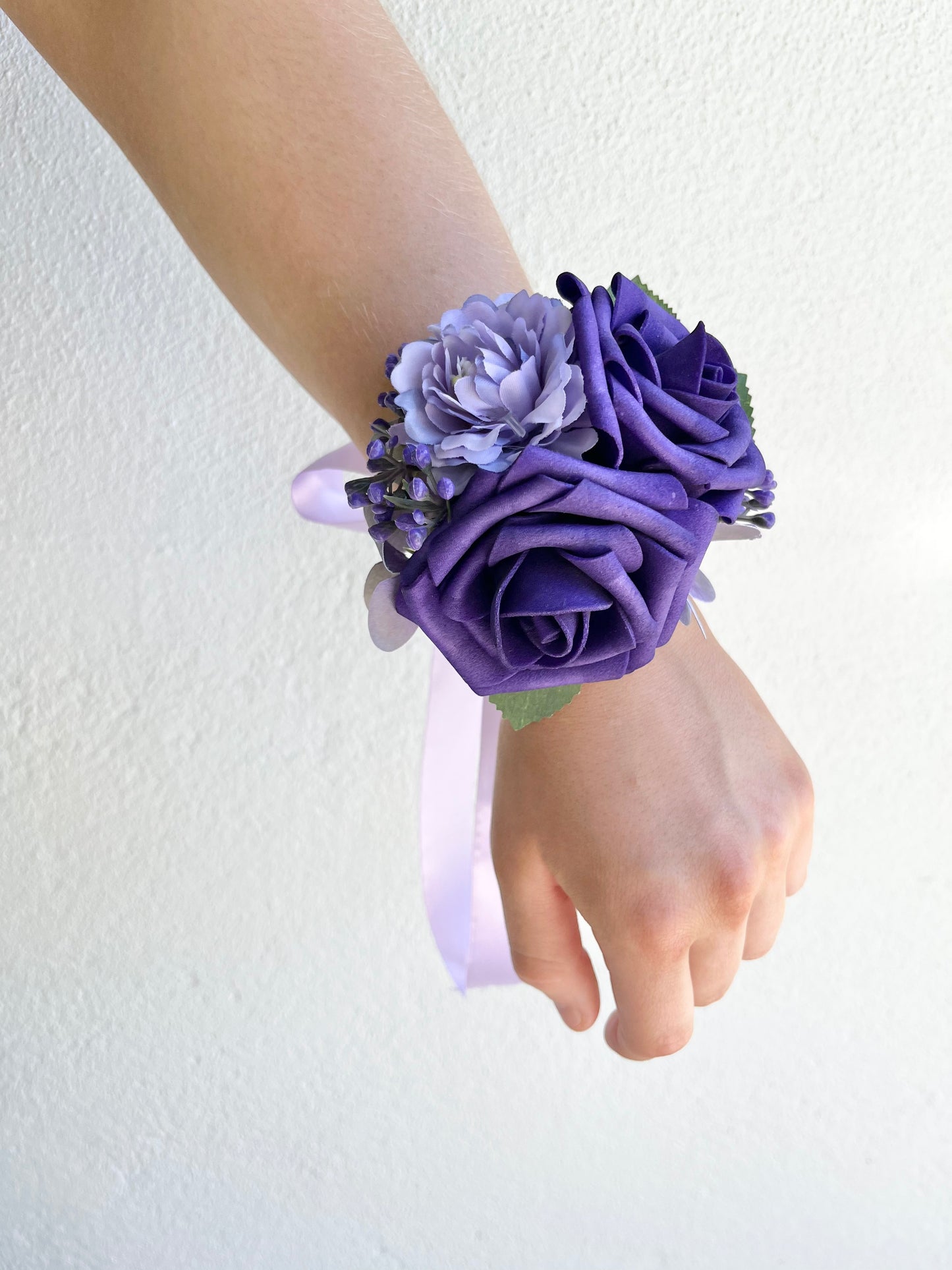 Corsage - Triple Dark & Light Violet Rose with Foliage