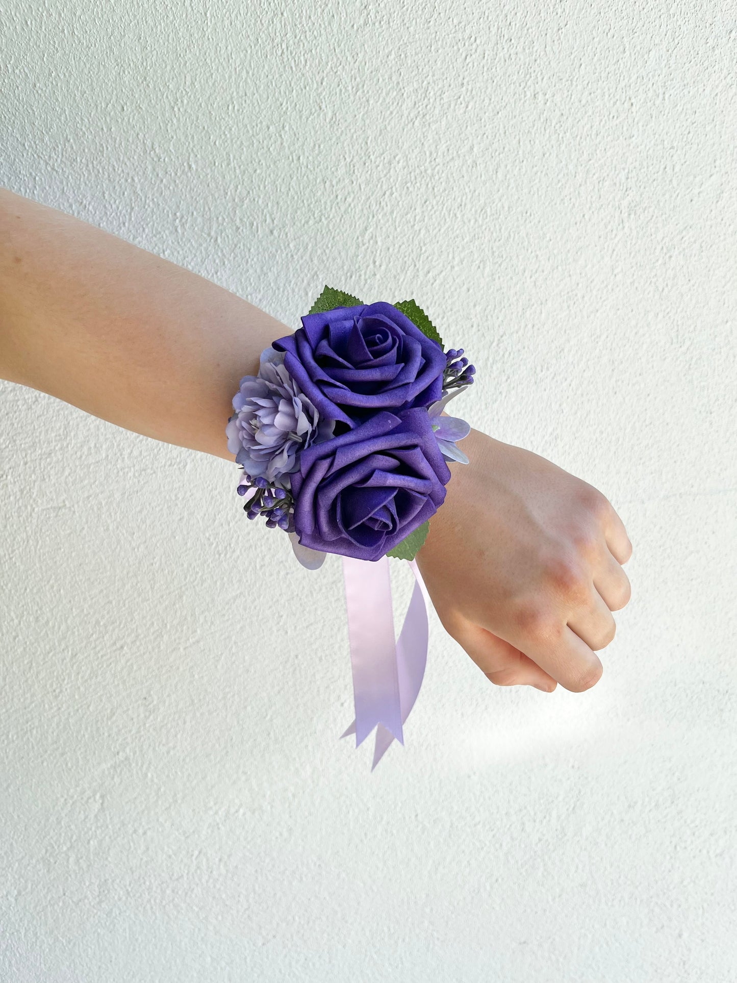 Corsage - Triple Dark & Light Violet Rose with Foliage
