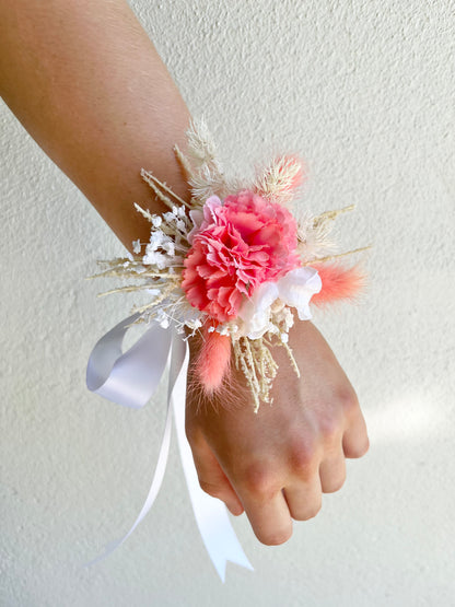 Corsage - Coral Carnations on Preserved Foliage