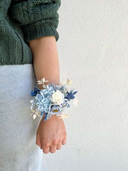 Corsage - Triple Rose Baby Blue Preserved