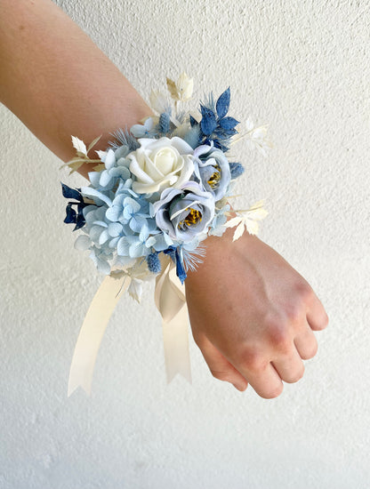 Corsage - Triple Rose Baby Blue Preserved