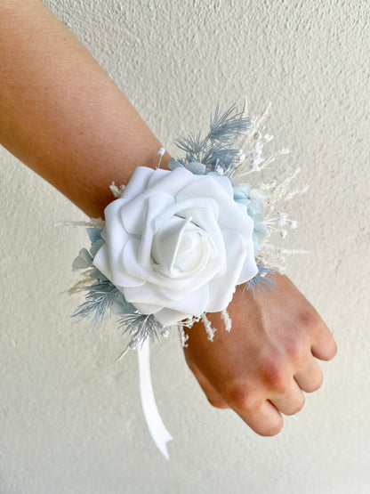 Corsage - Single White Rose with Baby Blue & White Foliage