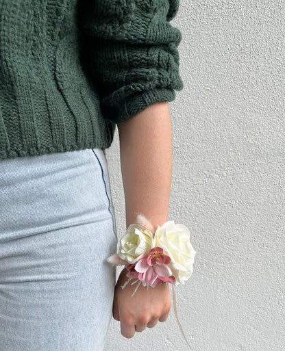 Corsage - Double White Rose with Pink Orchids